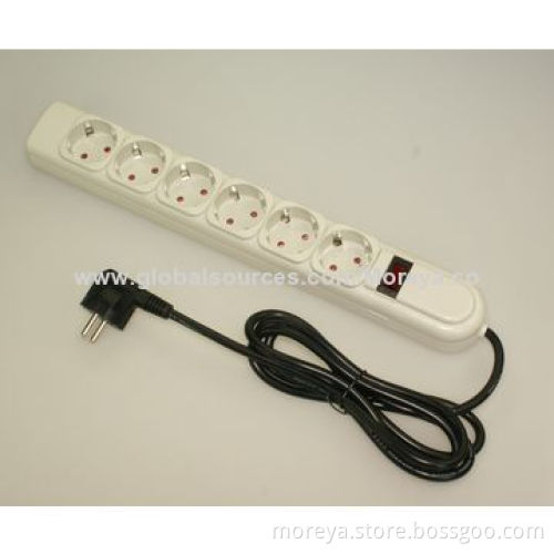 European standard power strip with 6 socket outlets, PC+ABS casing, extension cord